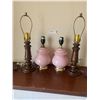 Image 1 : Two Pink Bubble Glass Lamps & Two Wood and Brass Table Lamps