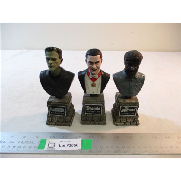 (3) The Legacy Collection Poly stone Bust Figures-Frankenstein, Dracula, Wolfman