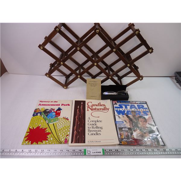 Wine Rack, Star Wars magazine(sealed),Reading Glasses and reading items