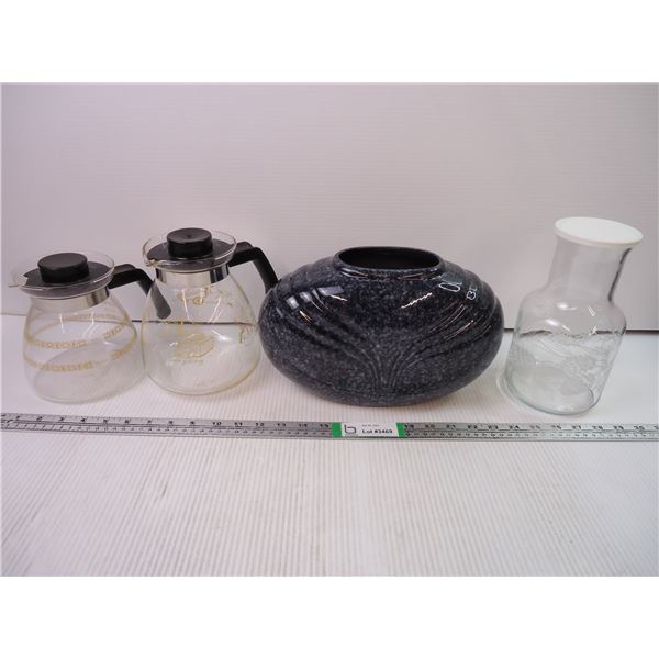 (2) Coffee Carafes, Vase, and Glass Juice Container