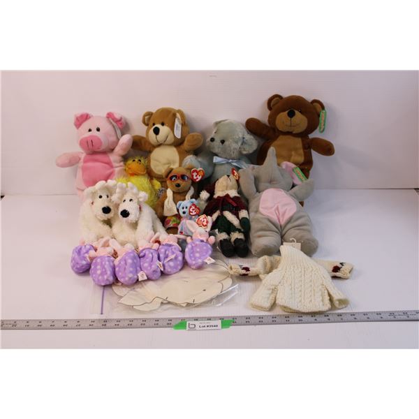 Lot of Assorted Stuffed Animals, Toy Clothing and Toy Pattern (Some Animals have Stains)