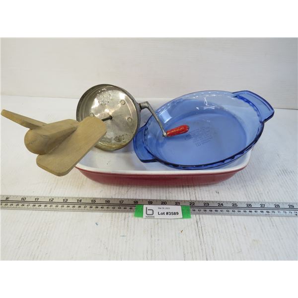 Blue Glass Pie Plate - Blow Butter Churn Lid - Corel Baking Dish (cracked)