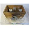 Image 1 : Wooden BC Fruit Box - Glass Beaker Item - Sealer Jars (Crown - Gem - Midwest) - Nabob Coffee Jar