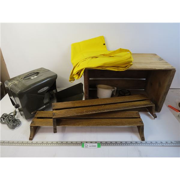 Wooden Apple Crate - Rain Coveralls - (2) Spice Shelves - Kalart Projector (cover broken - working)