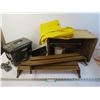 Image 1 : Wooden Apple Crate - Rain Coveralls - (2) Spice Shelves - Kalart Projector (cover broken - working)