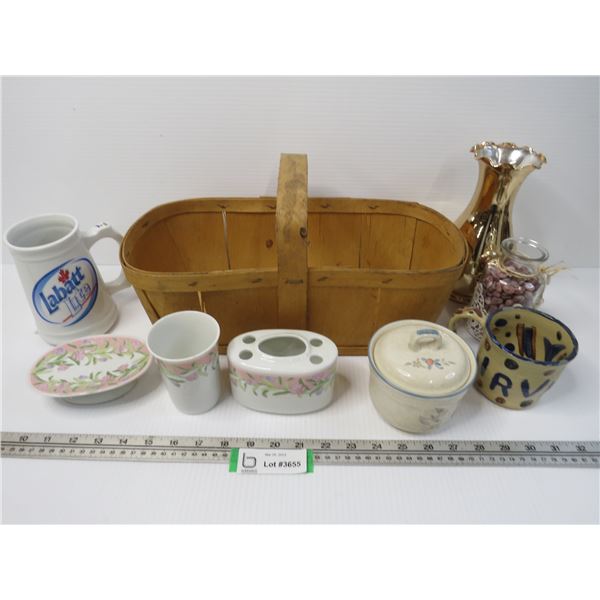 Wooden Basket - Bathroom Dish Set - Assorted Items