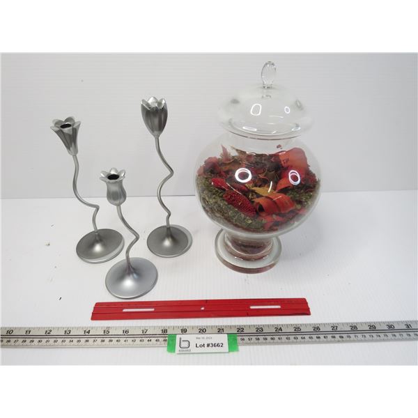 Glass Container w/Potpourri Mixture - Metal Candle Sticks - Plastic Ruler