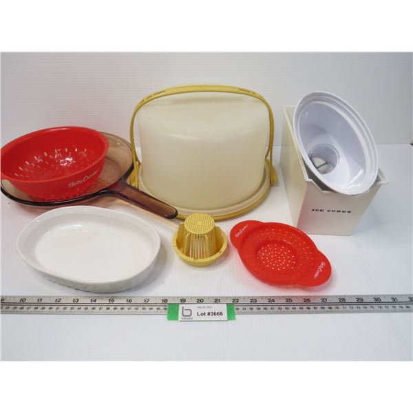 Tupperware Cake Tote - Glass Frying Pan - Betty Crocker Strainers - Misc. Items