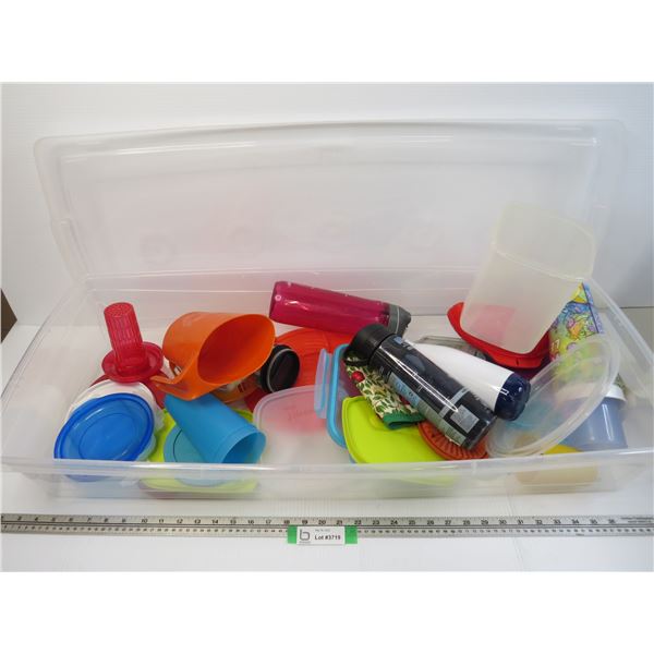 Long Tote w/Assorted Plastic kitchen Items - Water Bottles