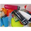 Image 3 : Long Tote w/Assorted Plastic kitchen Items - Water Bottles