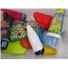 Image 4 : Long Tote w/Assorted Plastic kitchen Items - Water Bottles