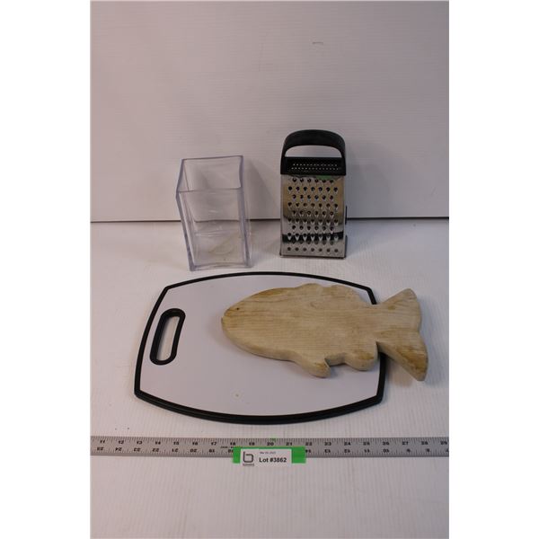 Assorted Kitchen Items - Cutting Board, Cheese Grater