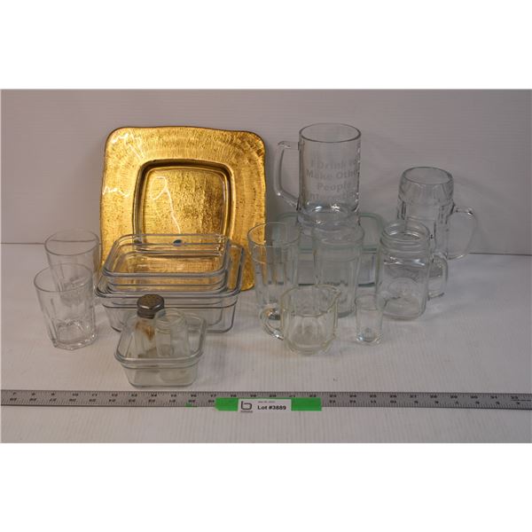 (17) Assorted Glass Dishes and Misc. - Serving Tray (Tray has Damage)