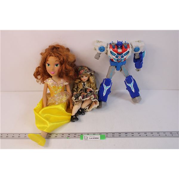 (2) Dolls and Action Figure - Disney, Transformers (Both Dolls Have Broken/Missing Legs, Transformer