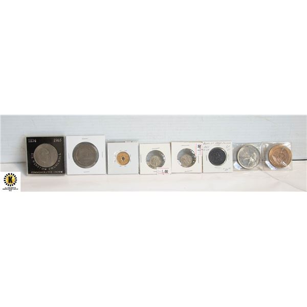 8 VARIOUS OLD COINS & TOKENS, MEDALS ETC.