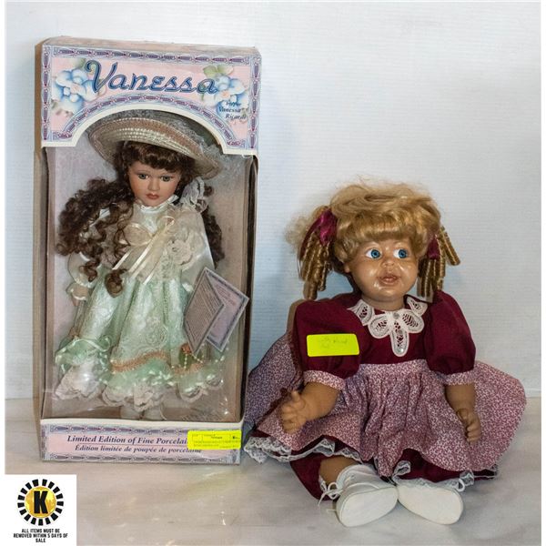 2 PORCELIAN DOLLS - 1 NEW IN BOX WITH CERTIFICATE