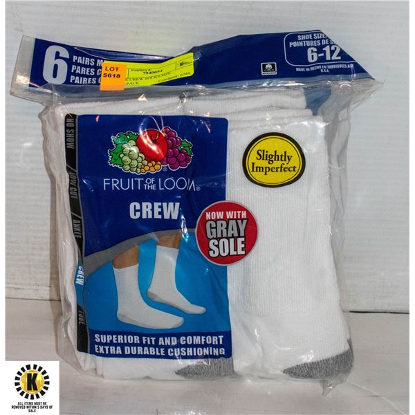 WHITE CREW SOCKS,SIZE 6-12,6-PACK