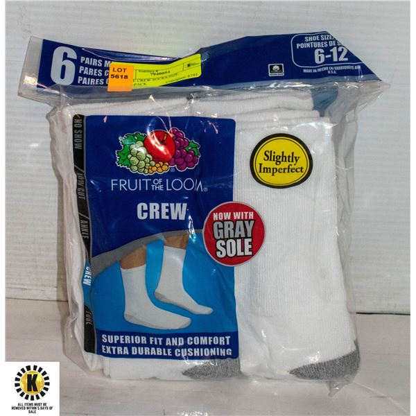 WHITE CREW SOCKS,SIZE 6-12,6-PACK