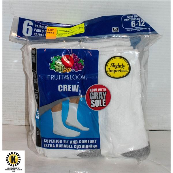 WHITE CREW SOCKS,SIZE 6-12,6-PACK