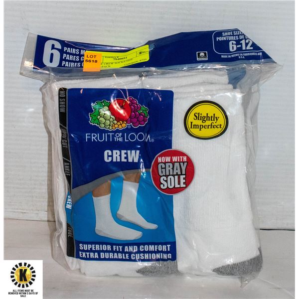 WHITE CREW SOCKS,SIZE 6-12,6-PACK