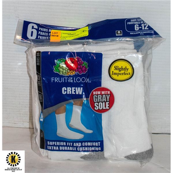 WHITE CREW SOCKS,SIZE 6-12,6-PACK