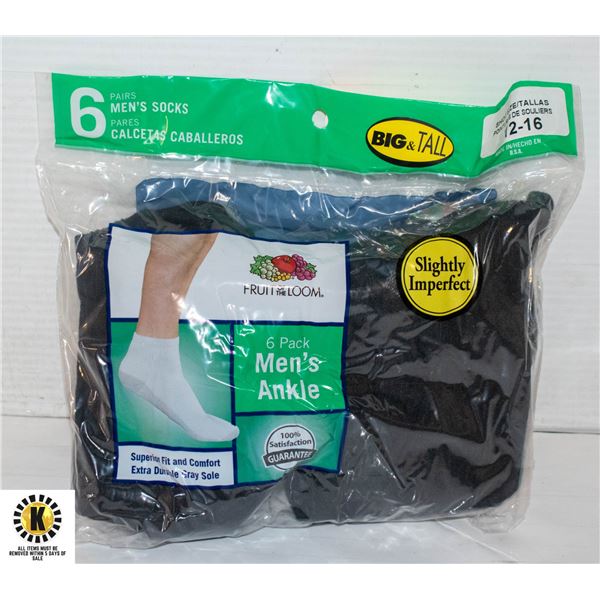 BLACK ANKLE SOCKS,SIZE 12-16,6-PACK