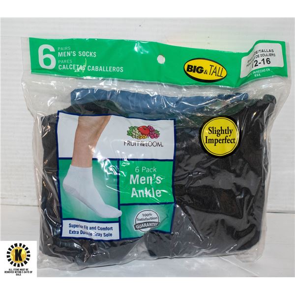 BLACK ANKLE SOCKS,SIZE 12-16,6-PACK