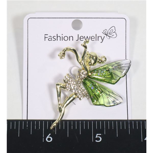 NEW GREEN WING RHINESTONE FAIRY BROOCH