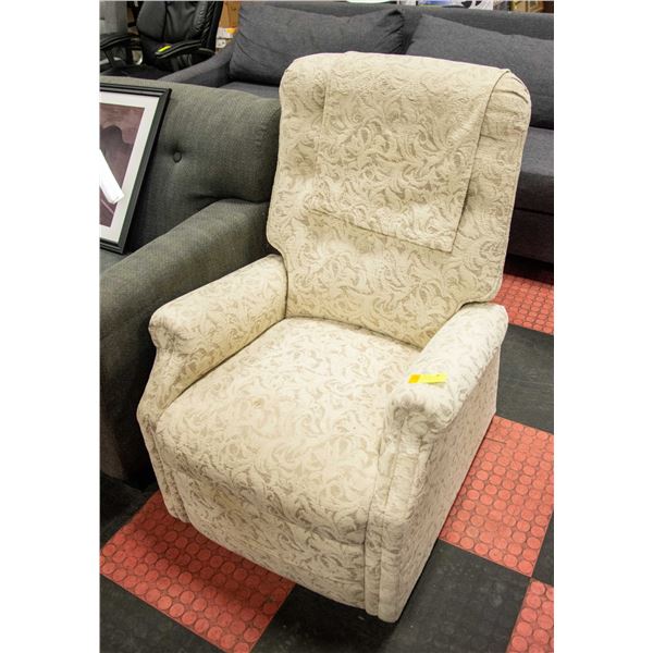 ESTATE BEIGE RECLINER - HAS SOME SPOTS/DAMAGE