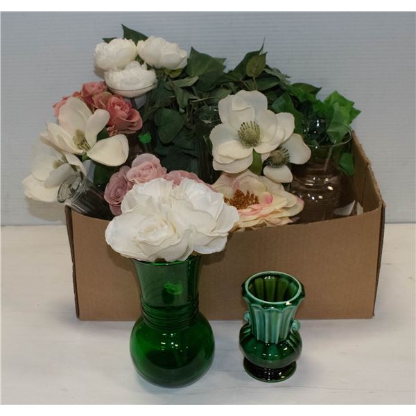 14 GLASS VASES & ARTIFICIAL FLOWERS