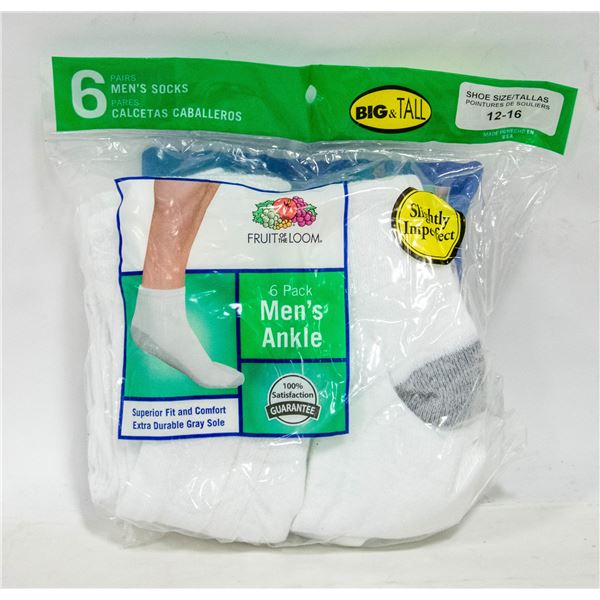 ANKLE SOCKS WHITE,SIZE 12-16,6-PACK,FRUIT OF THE