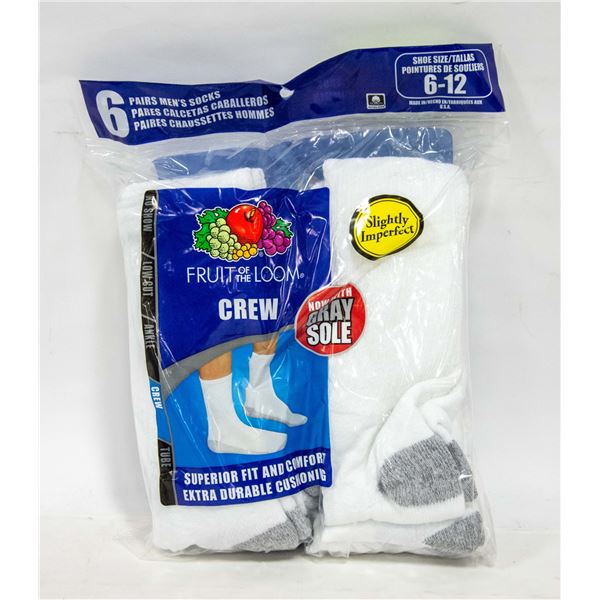 WHITE CREW SOCKS,SIZE 6-12,6-PACK,FRUIT OF THE