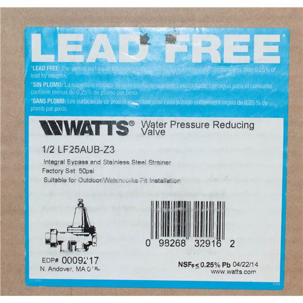 NEW WATTS WATER PRESSURE REDUCING VALVE