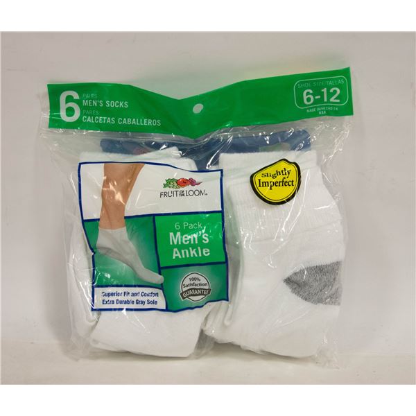 ANKLE SOCKS WHITE SIZE 6-12,6-PACK,FRUIT OF THE