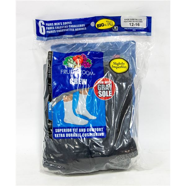 BLACK CREW SOCKS,SIZE 12-16,6-PACK,FRUIT OF THE