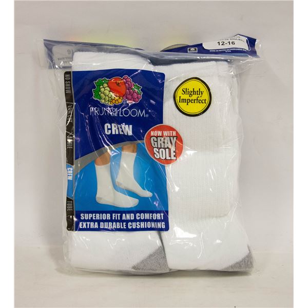 WHITE CREW SOCKS,SIZE 12-16,6-PACK,FRUIT OF THE