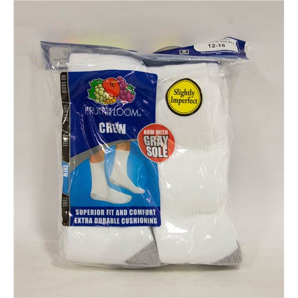 WHITE CREW SOCKS,SIZE 12-16,6-PACK,FRUIT OF THE