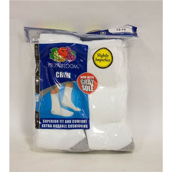 WHITE CREW SOCKS,SIZE 12-16,6-PACK,FRUIT OF THE