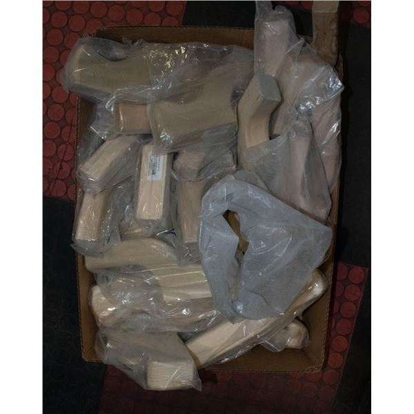 BOX FULL OF NEW WOOD HANDRAIL BRACKETS,