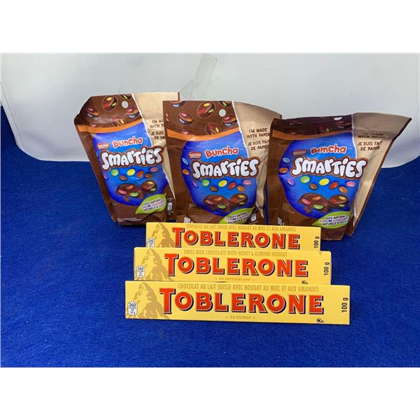 Smarties (3 x 180g) Toblerone Swiss Milk Chocolate with Nougat (3 x 100g)