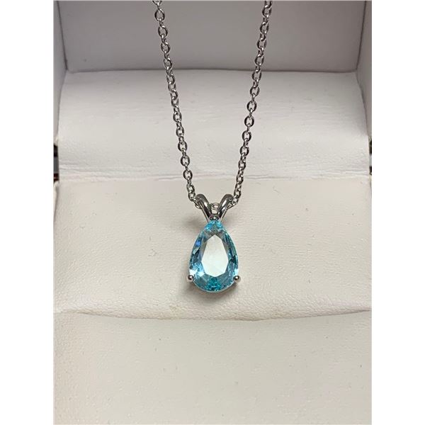 Blue topaz Tear Drop Cut Solitaire Pendant & Chain Set .925 Silver
