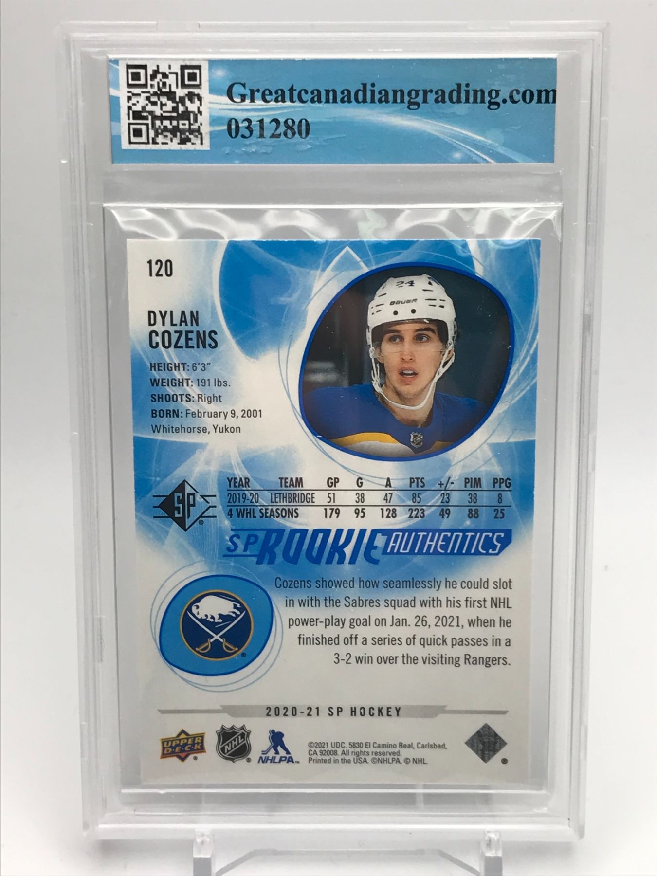 2021-22 UPPER DECK NO. 120 DYLAN COZENS SP ROOKIE AUTHENTICS (GCG 10) 2021-22 UPPER DECK NO. 120 DYLAN COZENS SP ROOKIE AUTHENTICS (GCG 10)