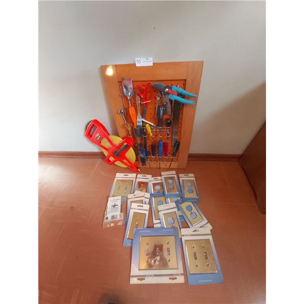 Assorted Tools & Brass Light Switch Covers