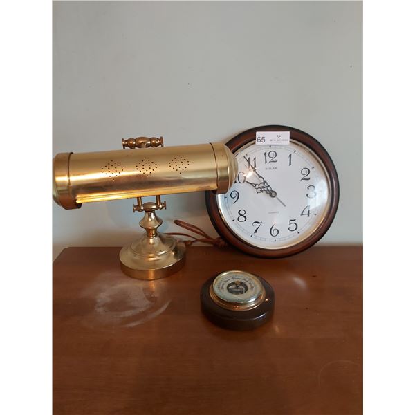 Solar Quartz Wall Clock With Brass Desk Lamp & Barometer