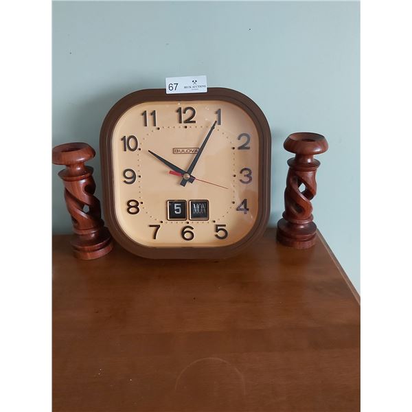 Bulova Wall Clock & Two Wooden Candle Sticks