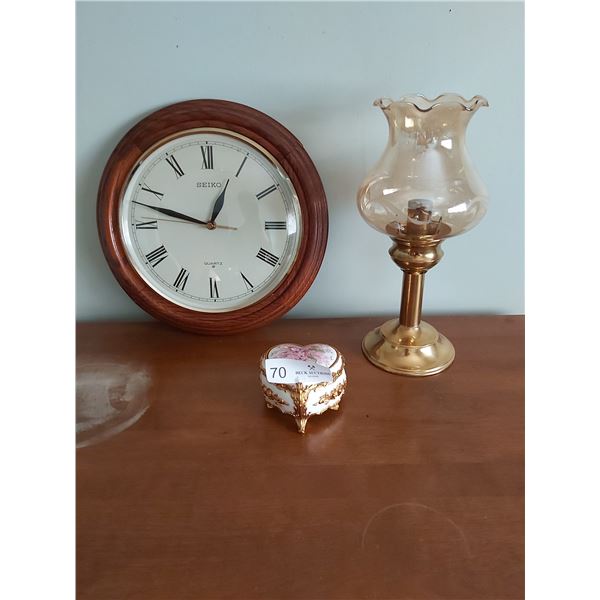 Wooden Seika Wall Clock & Musical Trinket Box With Two Candle Holders