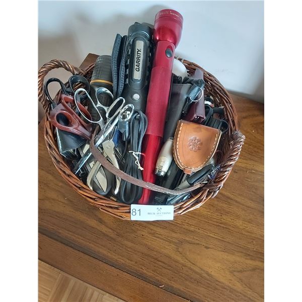 Basket With Assorted Flashlights & Scissors