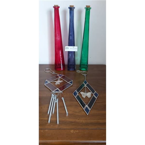 Three Decretive Glass Bottles With Chimes & Stained glass Ornaments
