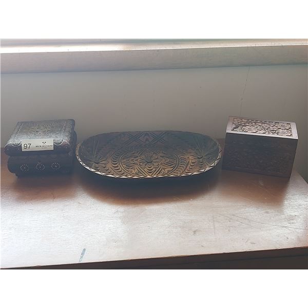 Two Decretive Wooden Boxes & One Wooden Plate
