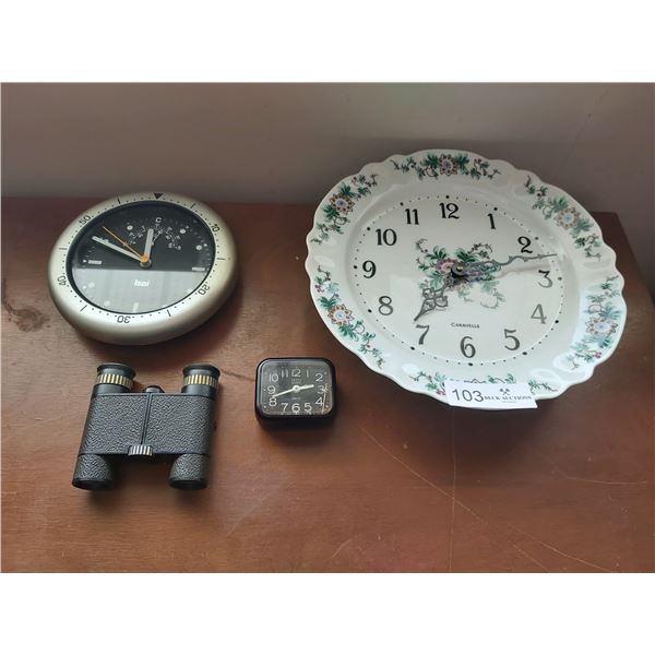 Three Assorted Clocks & One Pair Of Binoculars